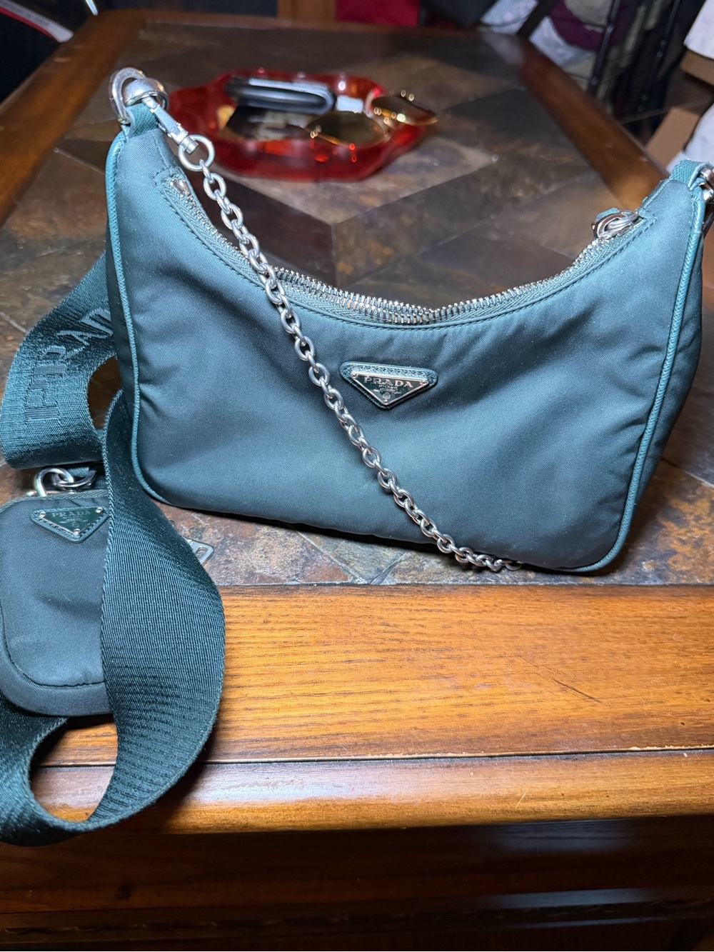 Prada Dark Green Nylon Crossbody with Silver Hardware
